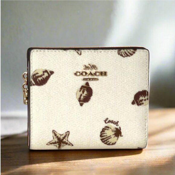 Coach Snap Wallet ID Shell Print CBO73 White Brown Small Billfold ORGPKG Charm - Picture 1 of 8